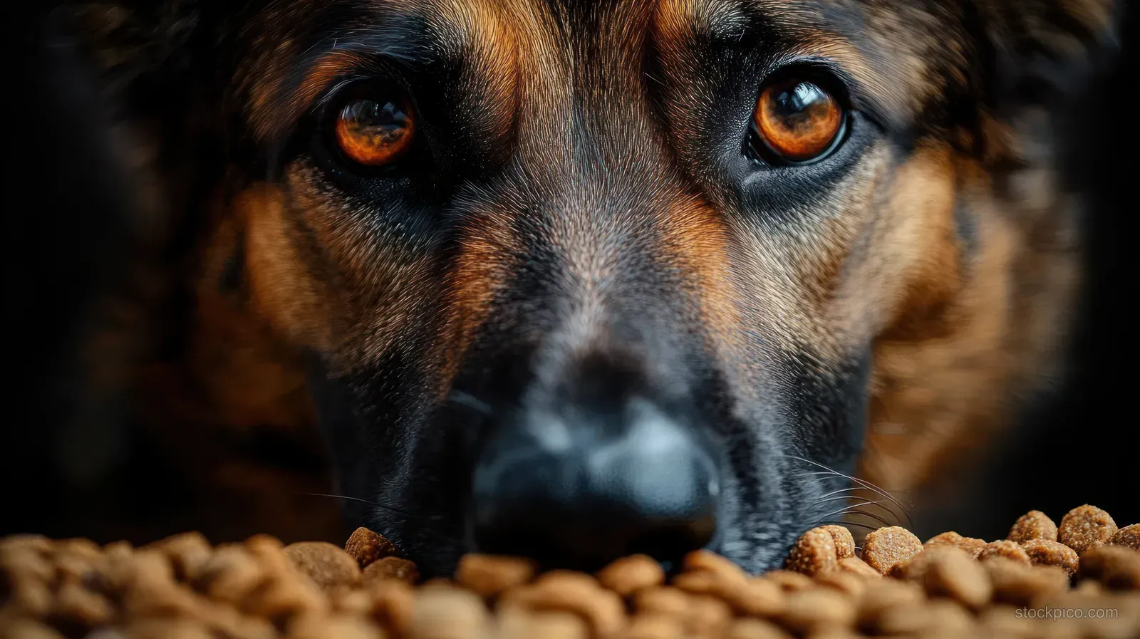 Dog with amber eyes lies over a pile of dry dog food kibbles indoors.