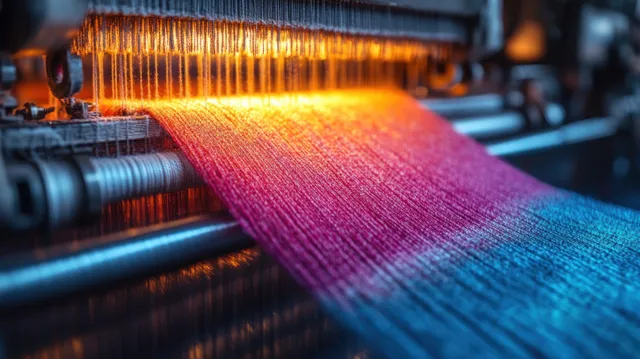 Colorful yarn threads weave across a loom, glowing under soft surreal ambient light
