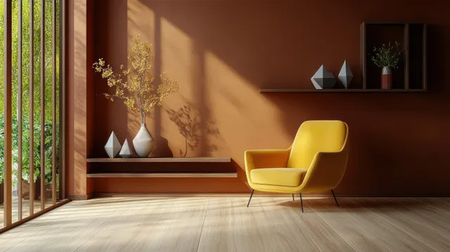 Yellow armchair in a warm, sunlit living room beside a dark wall and wooden shelf with decorative vases.