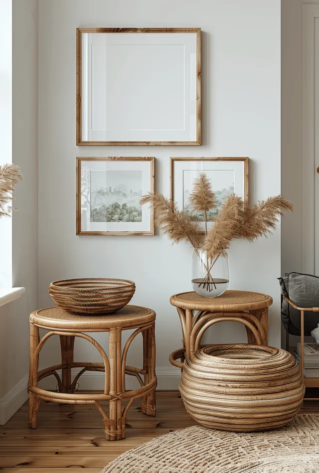 Rattan side tables sit beneath empty mock poster frames on a white wall in a bright modern living room corner.