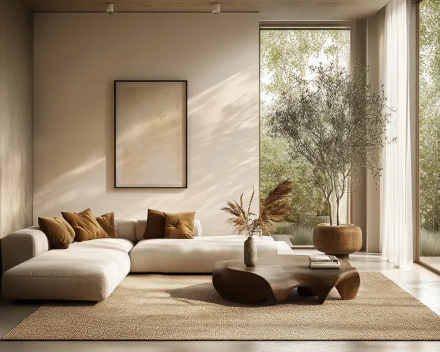Blank poster frame hangs on a wall above a sofa in a sunlit neutral living room with a coffee table.