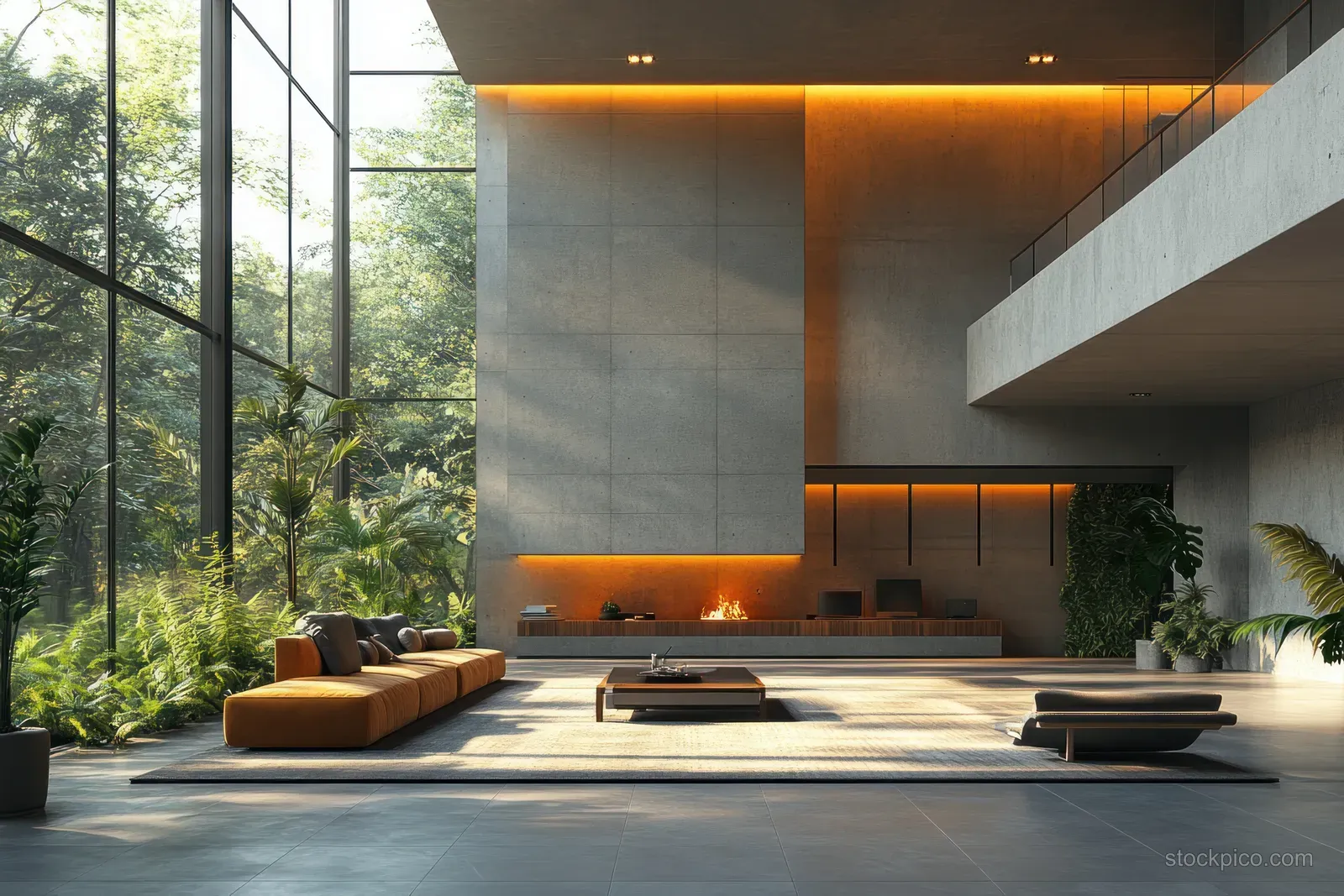 Industrial office lounge with large windows, greenery plants, and a warm glowing wall niche.
