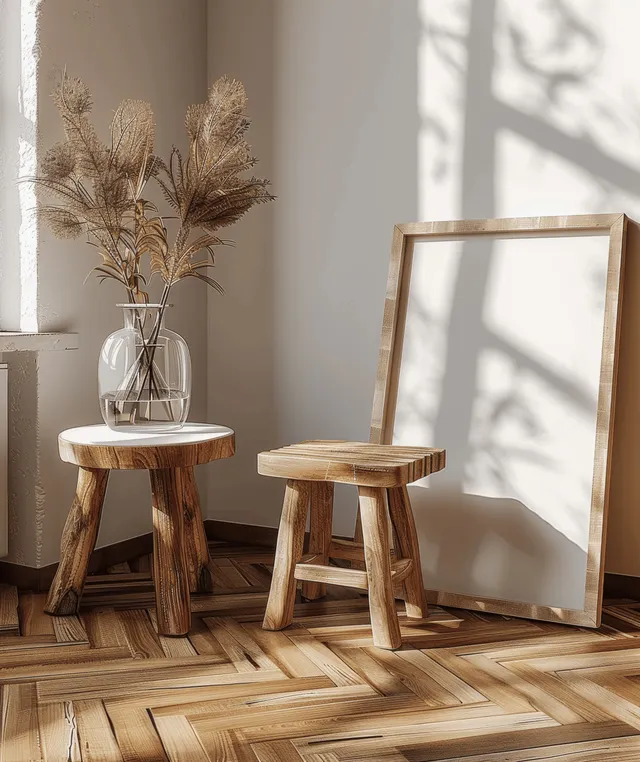 Blank wooden picture frame leaning against a wall with a stool on a parquet floor in a rustic modern room.