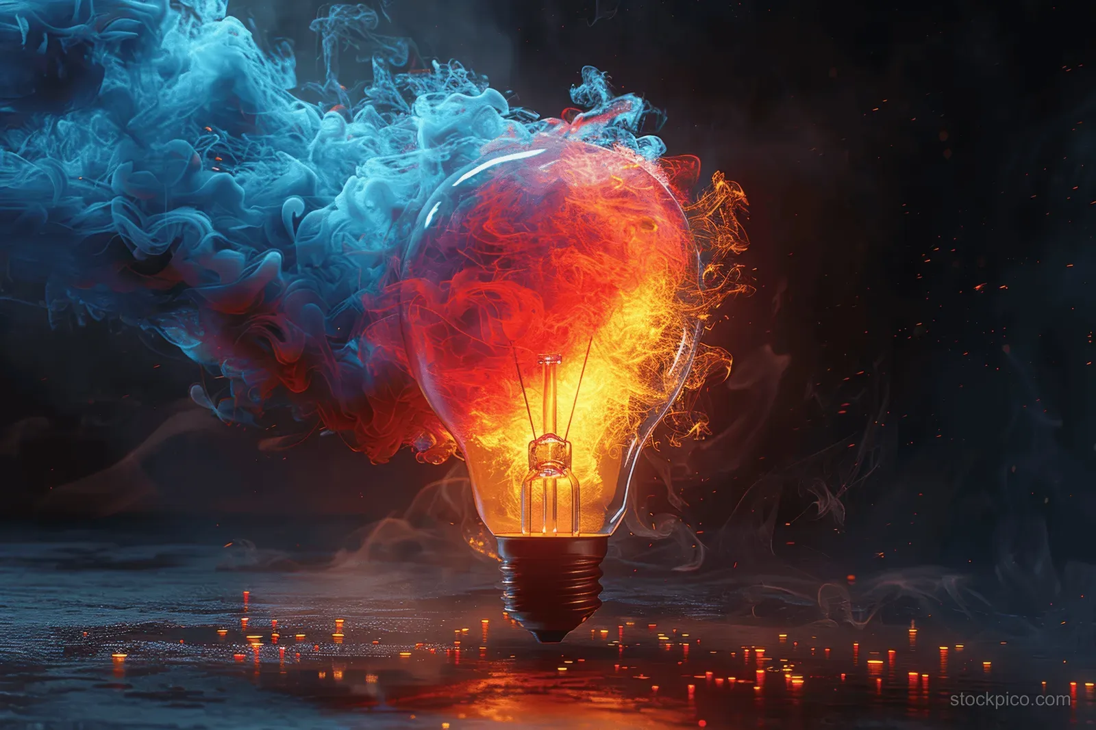 Glowing light bulb with colorful smoke explosion and flying sparks on a dark background.