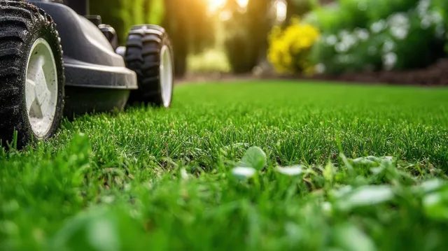 A lawn mower trims vibrant green grass in a backyard under warm sunlight.