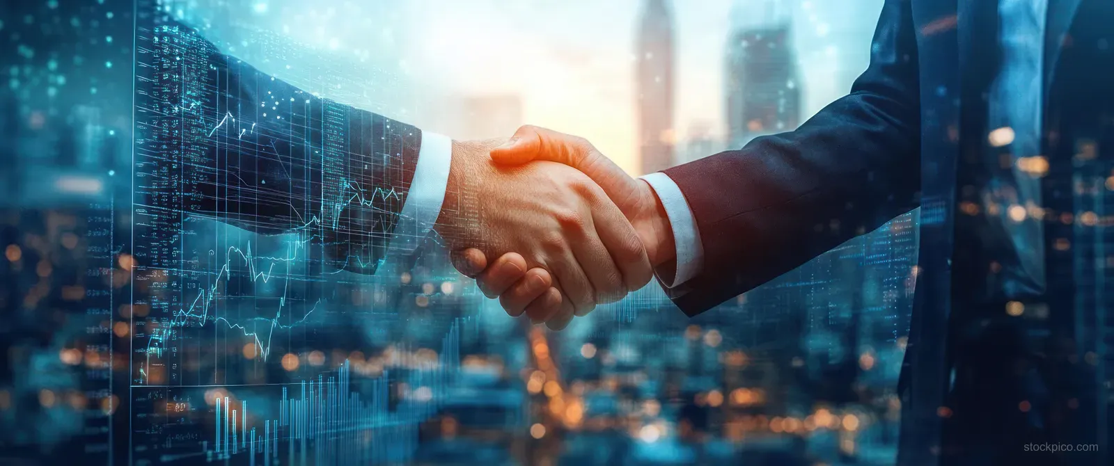Two executives in suits complete a handshake with a city skyline and digital chart overlays behind them.