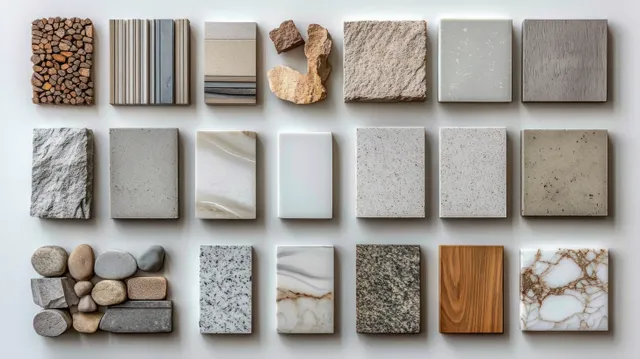 Stone, wood, and marble sample squares are neatly arranged on a white background showing speckled and striped textures.