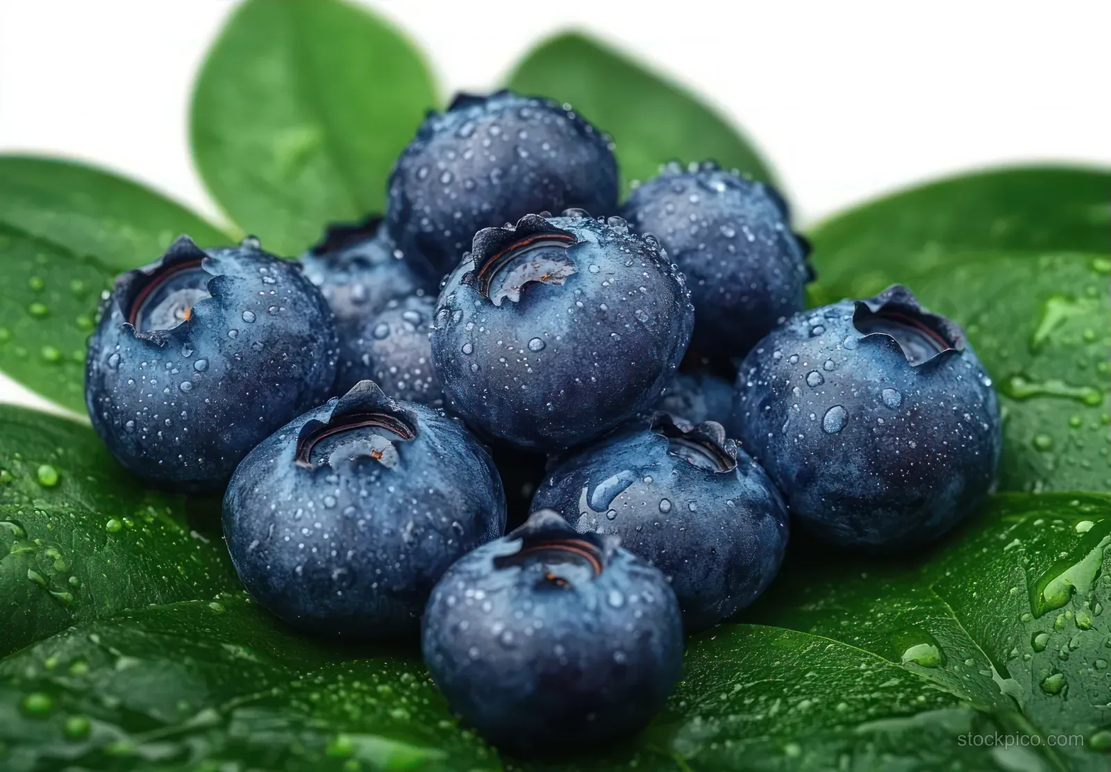 Blueberries covered with water droplets rest on green leaves in a crisp macro close-up.