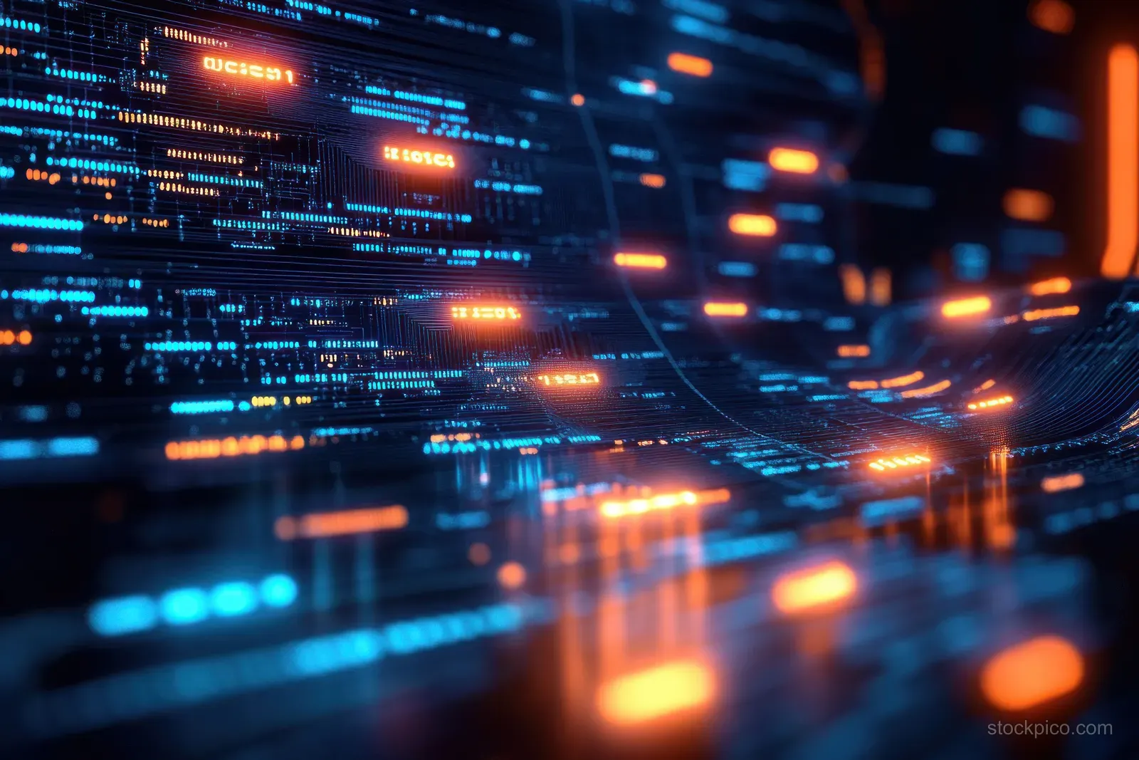 Neon cyberpunk lines connect glowing nodes while digital code streams across a dark data network screen.