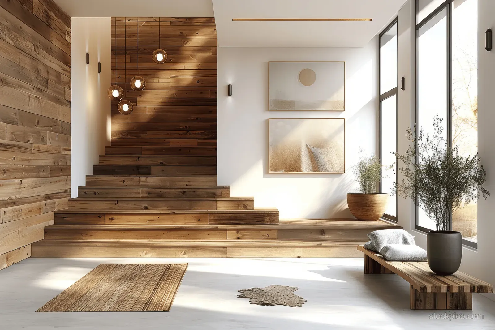 Sunlit Scandinavian entry hall with a rustic wood staircase, framed paintings, and a bench by a large window.
