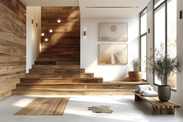 Sunlit Scandinavian entry hall with a rustic wood staircase, framed paintings, and a bench by a large window.