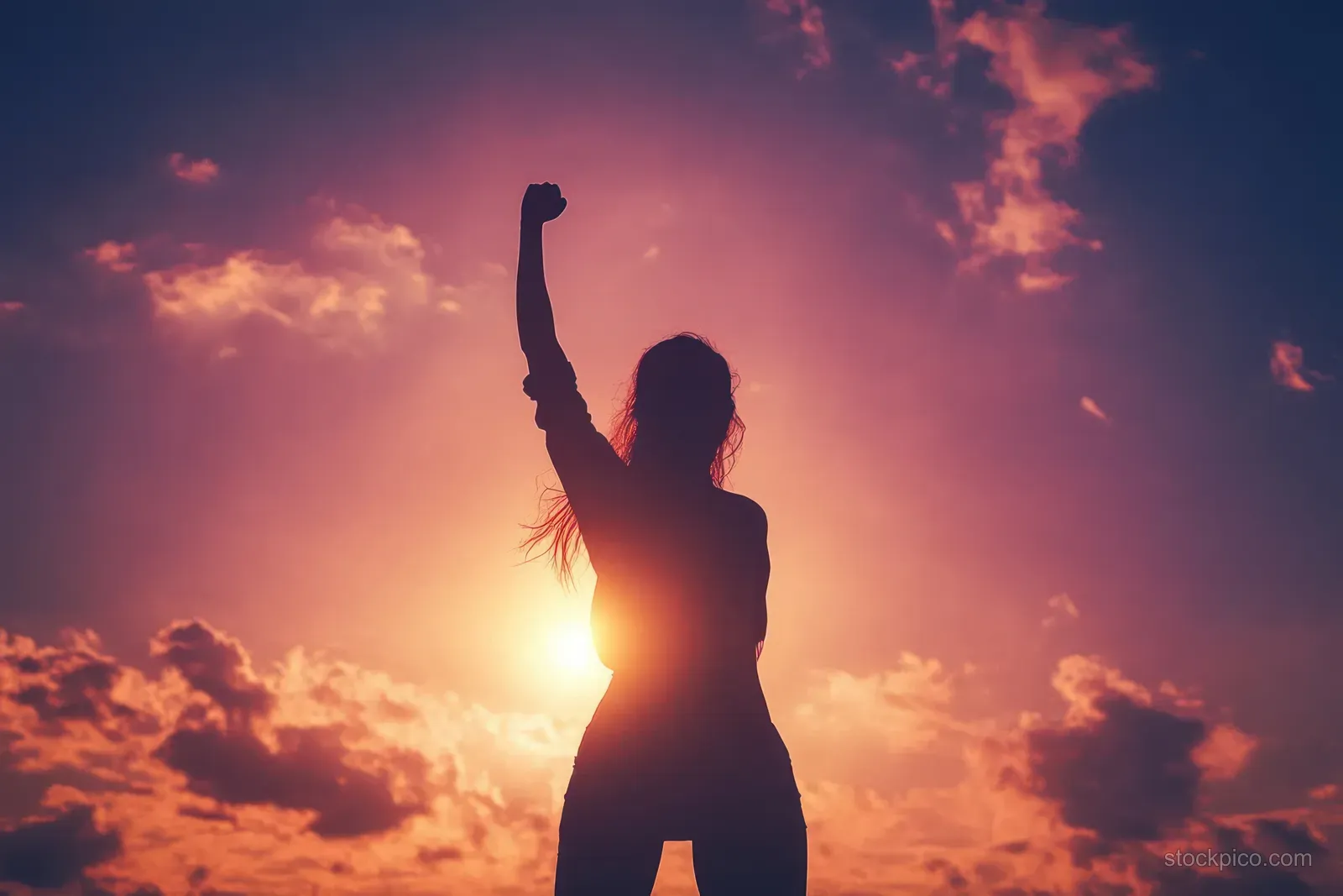 Silhouetted runner raises her fist in triumph against a glowing golden sunset sky.