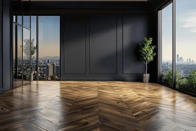 Minimalist living room with black paneled walls, herringbone parquet floor, and panoramic windows showing a city skyline.