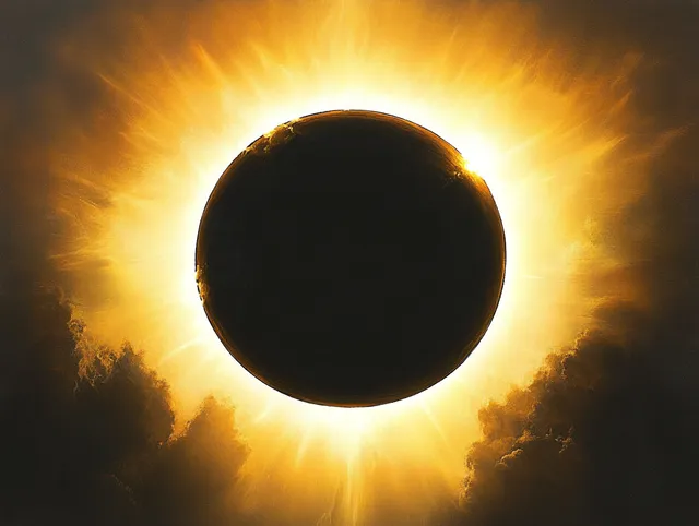 Solar eclipse shows dark moon disc cutting the glowing golden corona in clouds