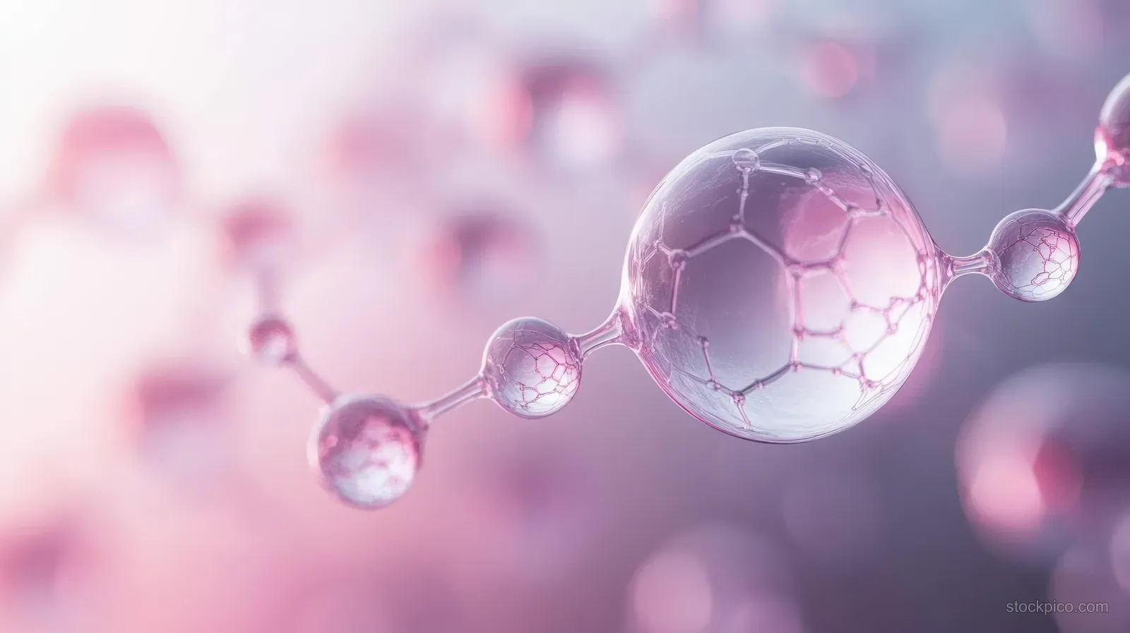 Serum-like droplets and molecular collagen shapes shimmer over a soft pastel scientific background.