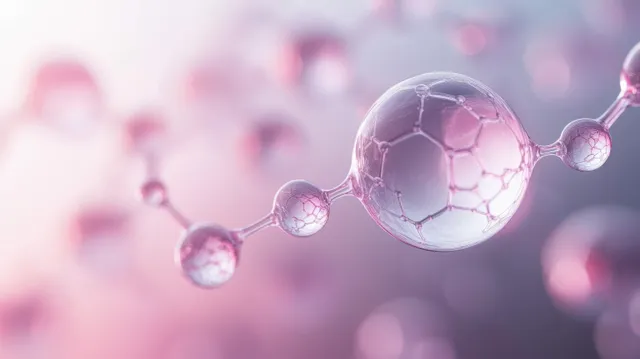 Serum-like droplets and molecular collagen shapes shimmer over a soft pastel scientific background.