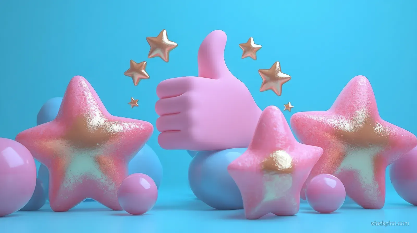 A 3D thumbs-up hand sits between five golden stars on a bright blue background.