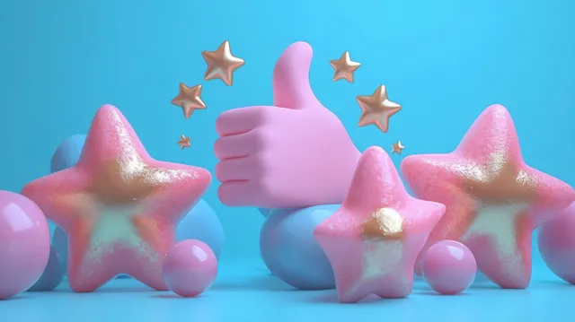 A 3D thumbs-up hand sits between five golden stars on a bright blue background.