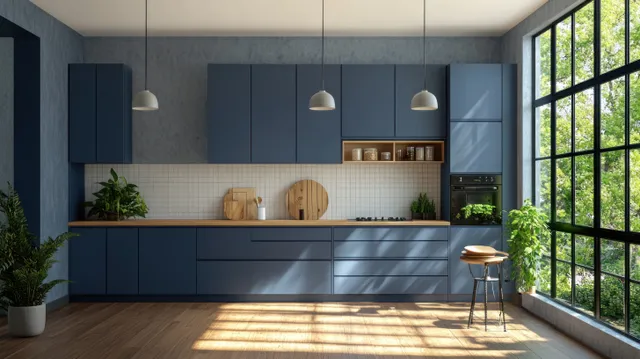Minimalist kitchen interior with blue cabinets, wood floor, and sunlit tall windows.