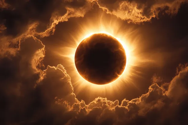 A total solar eclipse shows a dark circular moon with a bright corona halo amid swirling clouds.