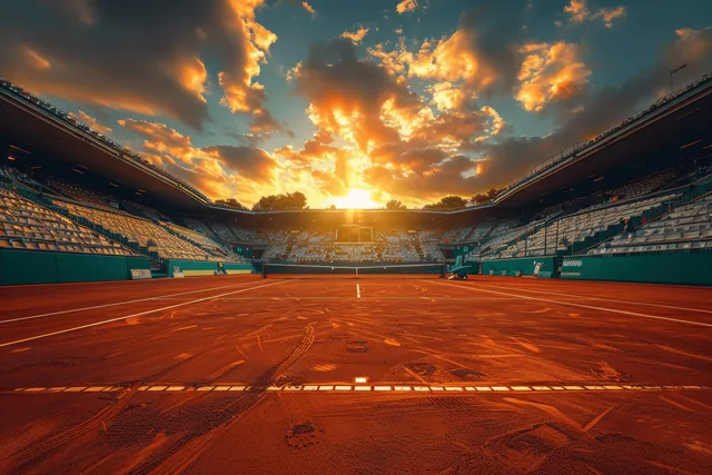 Red clay tennis court stretches across a grand slam stadium at sunset under glowing clouds.