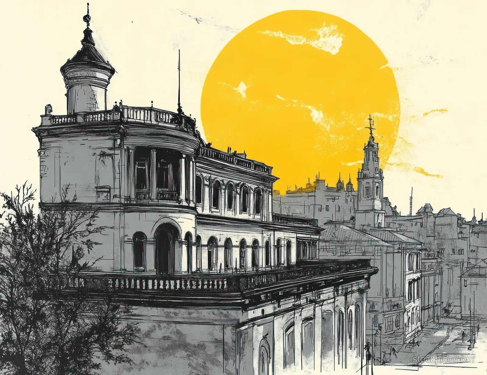 Sketch of historic building facades and distant towers under a large yellow sun backdrop over an old city skyline.