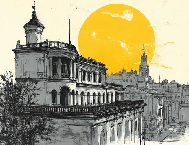 Architectural sketch of historic buildings with a large yellow sun over an old city skyline