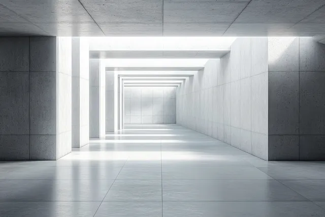 Empty minimalist concrete corridor with bright daylight beams creating geometric shadows on smooth walls.