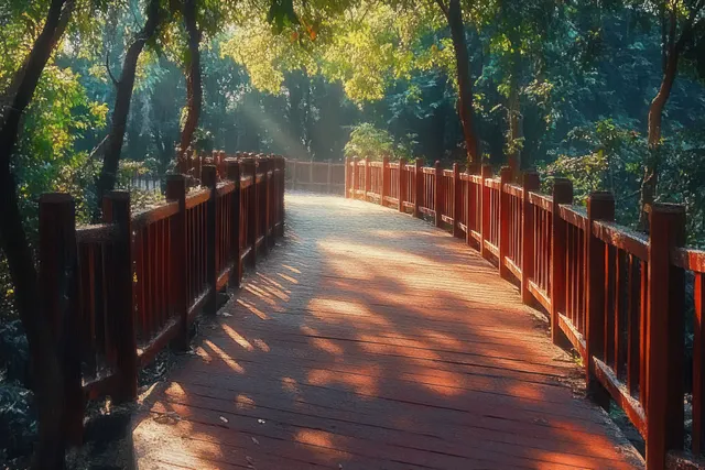 A sunlit wooden path winds through a lush green forest, with dappled shadows cast by the morning light.