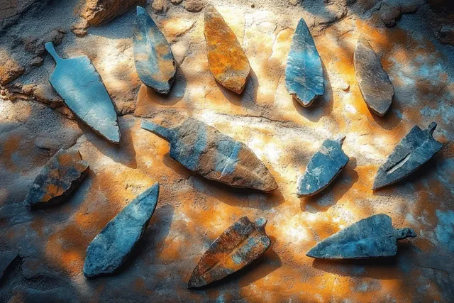 Flint arrowheads and spear points scattered on a textured stone surface under warm sunlight.