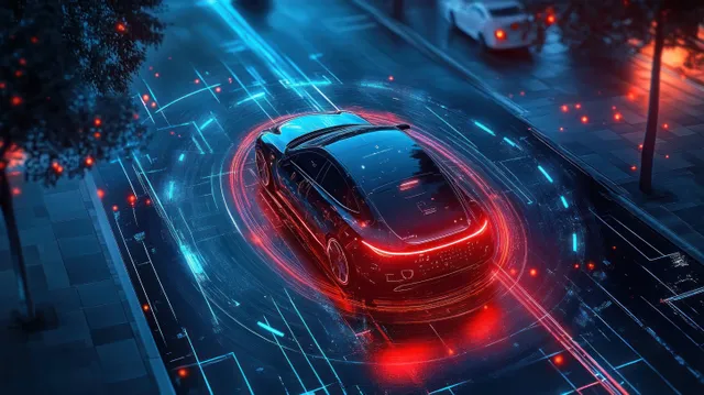 Futuristic autonomous car navigating smart parking lanes under neon night city lights