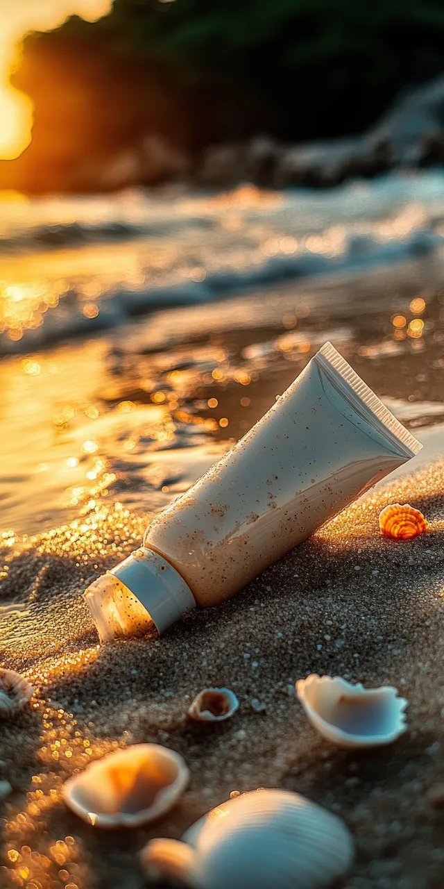 Sunscreen tube lying on sandy beach beside seashells as waves glow under golden-hour sunset light.