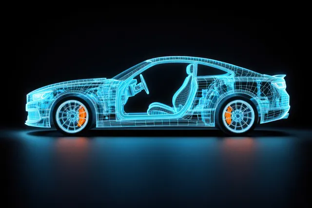3D wireframe sports car cutaway glowing blue with visible orange brake calipers on dark background