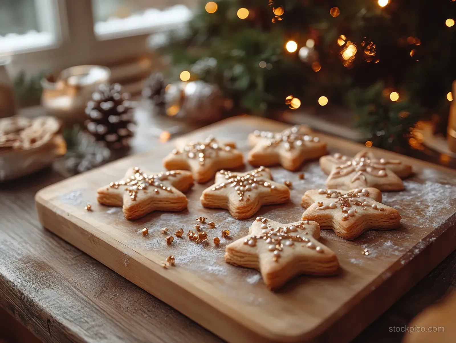 Fresh gingerbread cookies on a wooden board with sprinkle icing, warm holiday lights, and kitchen holiday décor in view.
