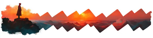 Silhouetted person on rocky ridge overlooking abstract mountains at sunset
