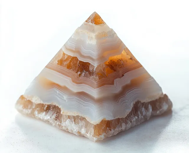 Polished banded agate pyramid with white, beige, and translucent brown layers on a white surface.