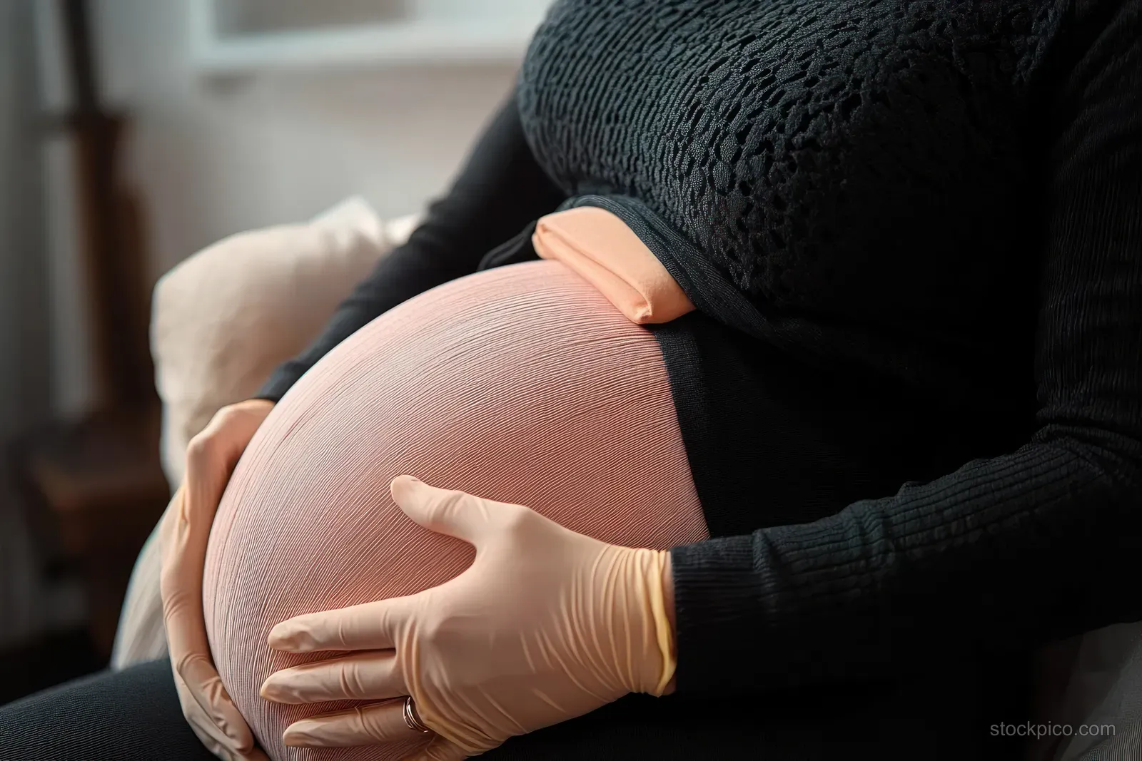 Pregnant woman gently holding her bare belly with peach medical gloves in a calm indoor room.