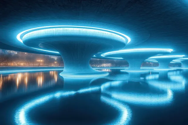 Blue neon rings illuminate futuristic circular concrete buildings reflected on a calm water surface at night.