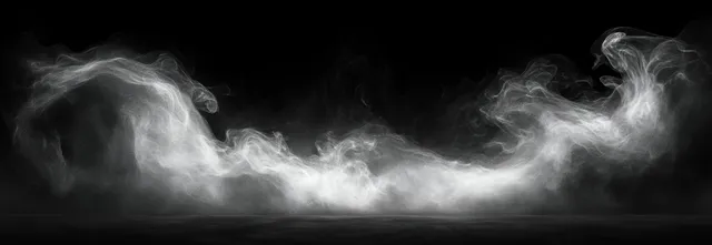 White smoke mist swirls into smooth plumes against a deep black background with visible wispy trails.