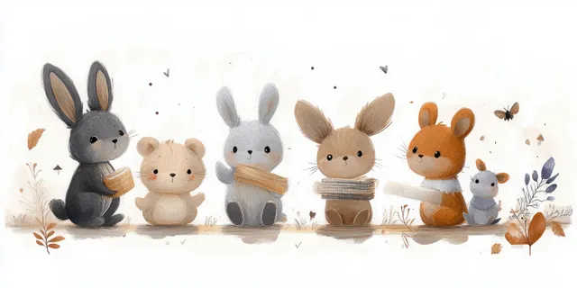 Woodland animals parade across a moonlit field in soft watercolor pastels