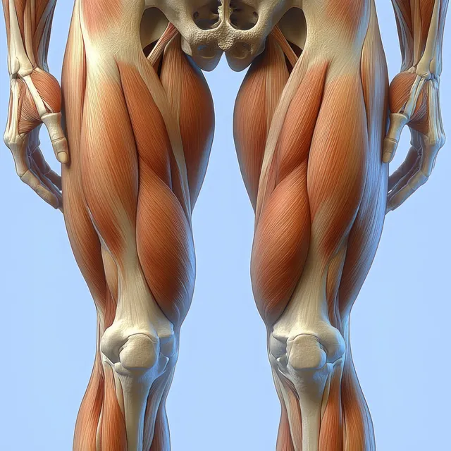 Hyper-realistic view of male thighs and calves emphasizing quadriceps muscle groups and knee joints under blue backlight.