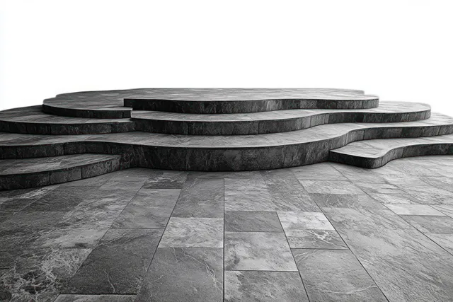 Gray stone platform with curved, layered steps and textured surfaces against a clear white background.