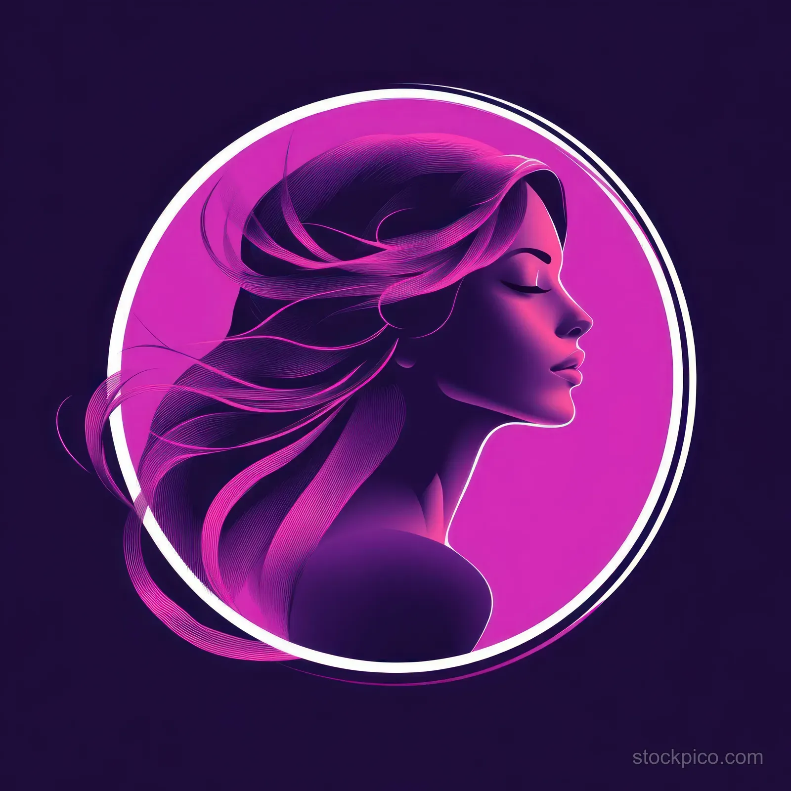 Serene side profile of a woman with flowing neon pink and purple hair inside a glowing circular frame on a dark background.