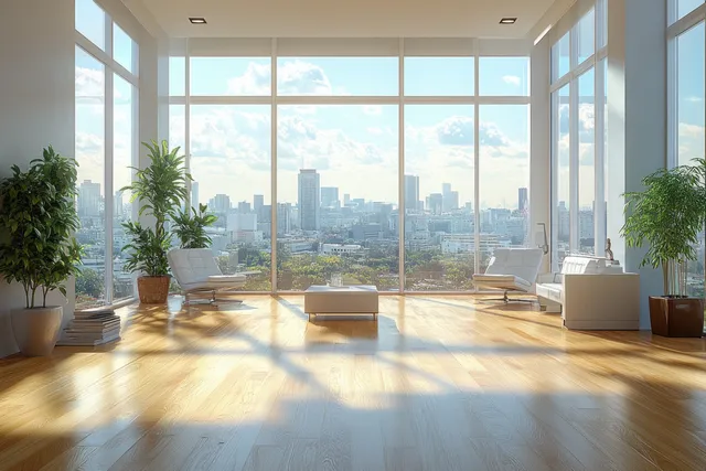 Minimalist office interior with wooden flooring, desks, and large windows showing a city skyline.