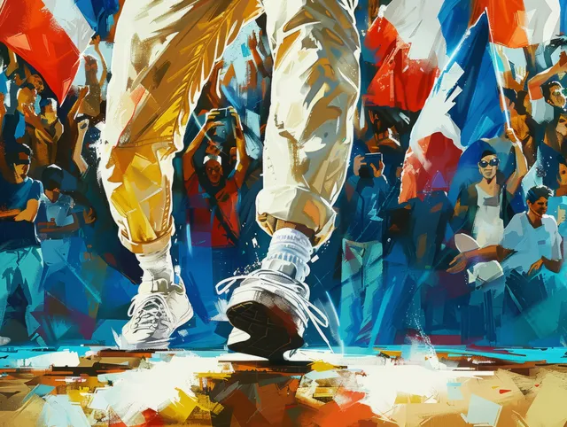 A breaking dancer’s spinning feet on a stage with a French-flag crowd cheering behind.