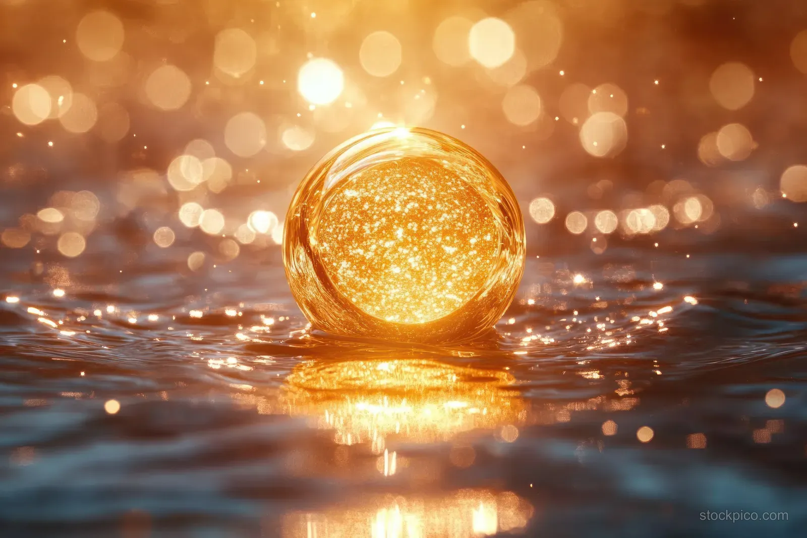 A golden orb floats on rippling water, creating sparkling reflections and warm bokeh highlights in the background.