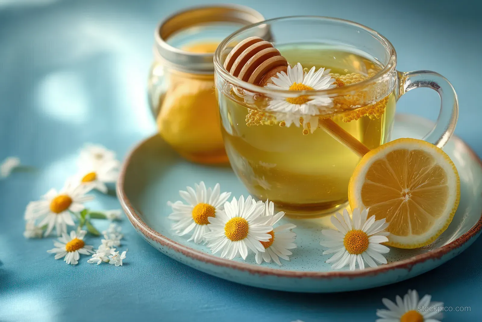 Chamomile tea in a glass cup with honey dipper, lemon slices, and daisies on a pastel plate.