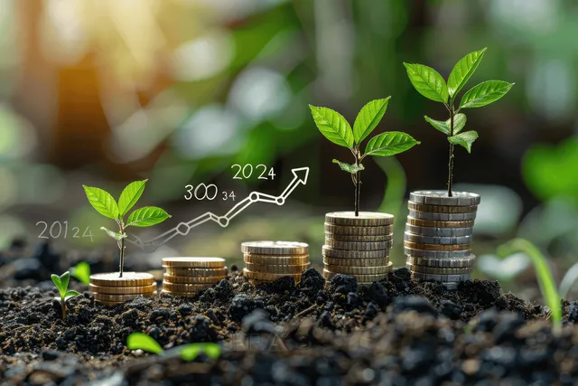 Rising finance chart on desk beside sprouting seedlings in stacked coins