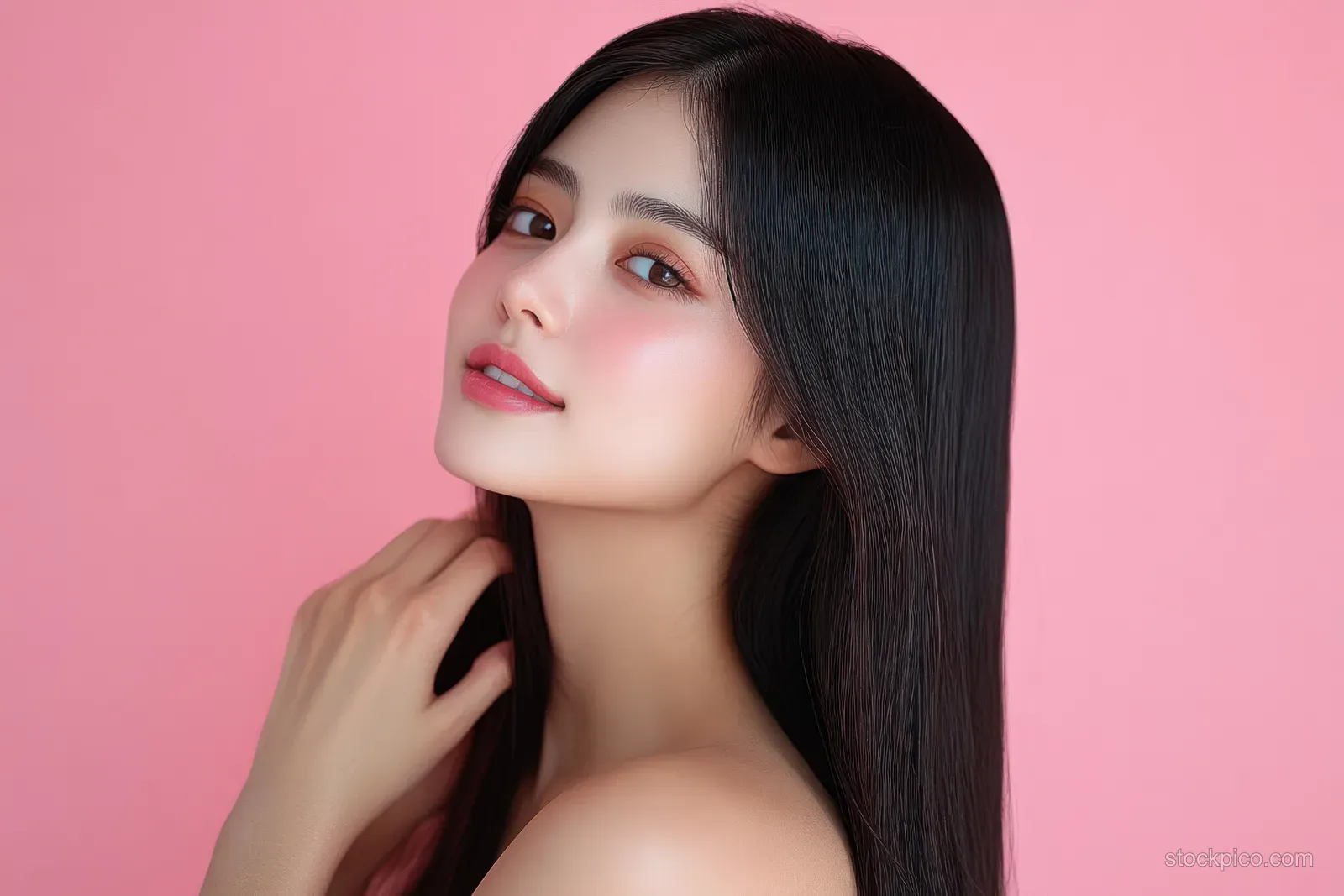 Asian woman in a studio portrait gently touching her cheek with glossy dark hair against a solid pink background.
