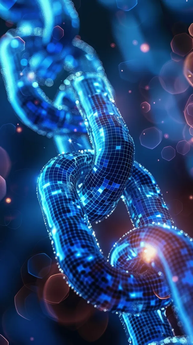 Hands hold a glowing blue blockchain chain while blurred bokeh lights form a digital network background.